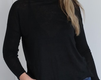 Black Linen Jersey Top: Long Sleeve Blouse, Boat Neck