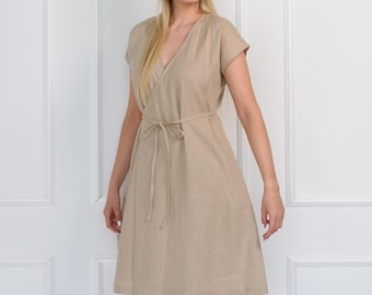Beige Linen Wrap Dress: Midi Sundress with Pockets - Solen Mara