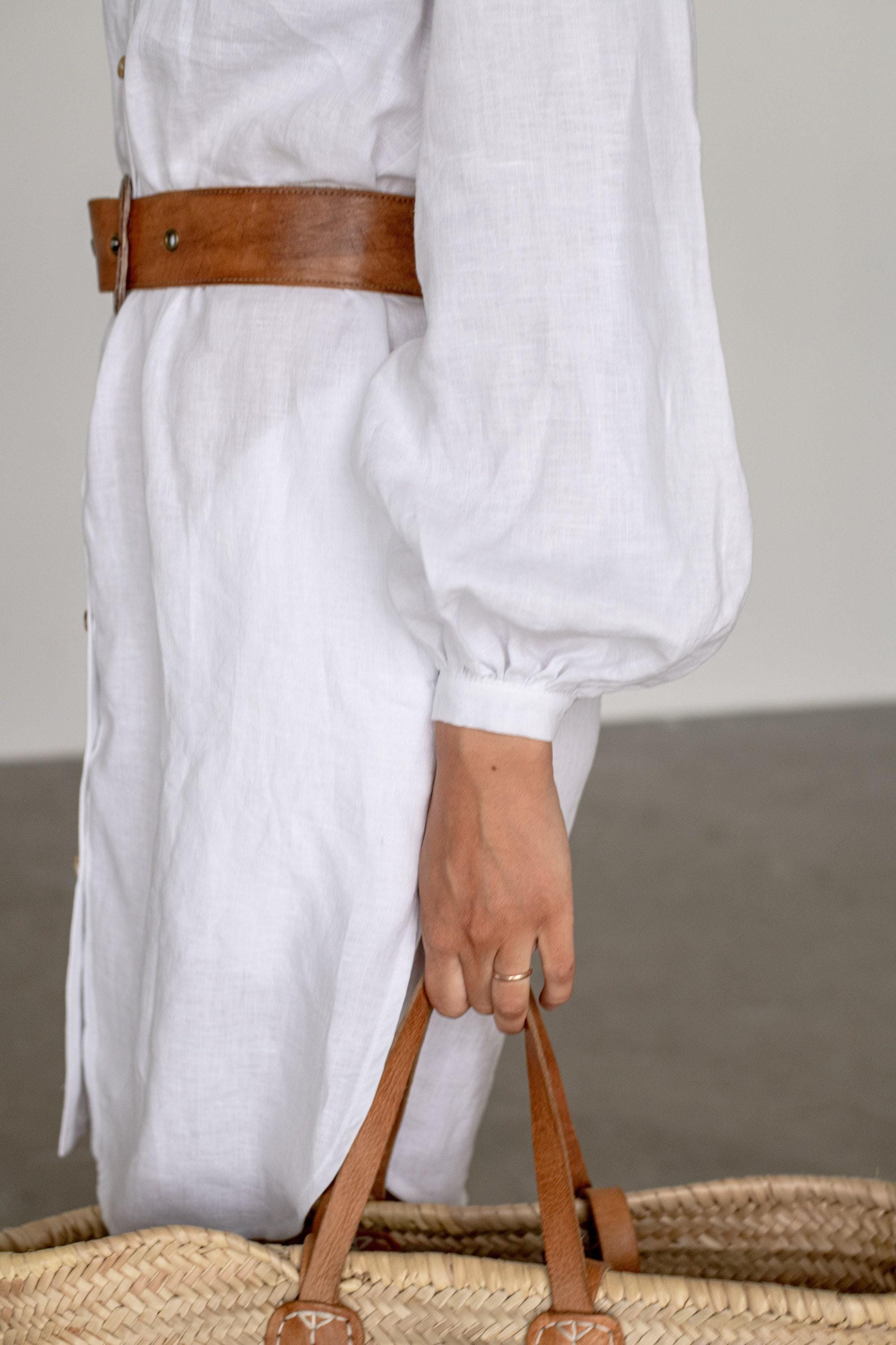 Linen Midi Shirt Dress | Long Puff Sleeves, White Summer Dress