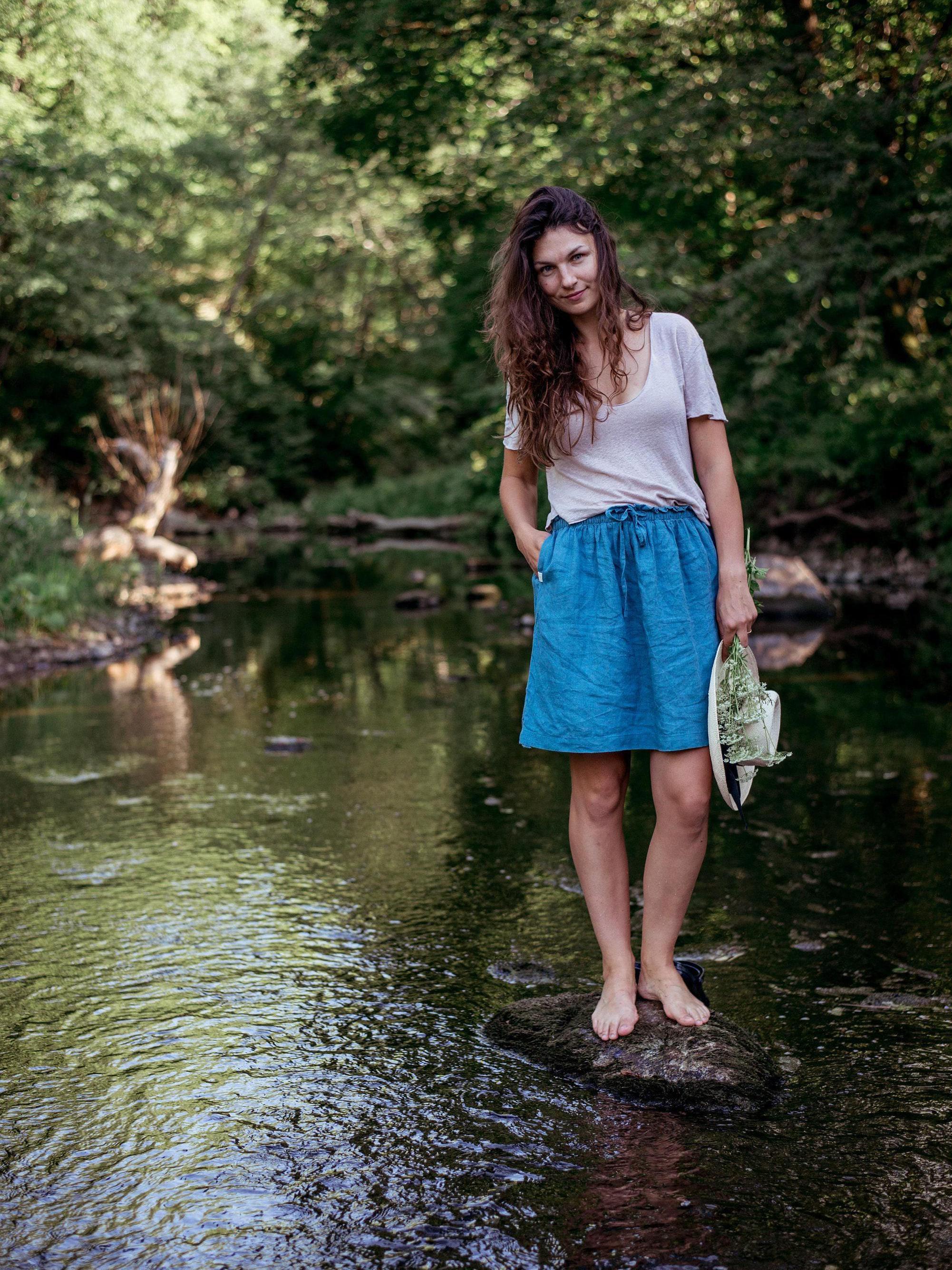Navy Blue Linen Skirt with Pockets - Solen Mara Knee Length Summer Skirt