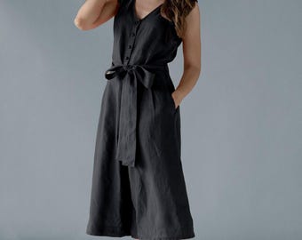 Black Linen Jumpsuit: Sleeveless Romper with Wide Legs