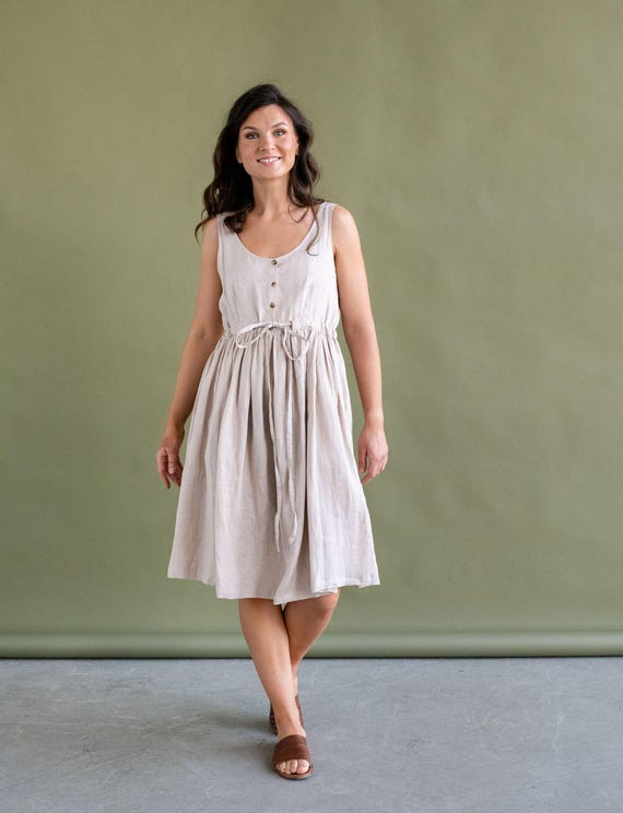 Beige Linen Midi Dress: Sleeveless Summer Dress with Tie Waist