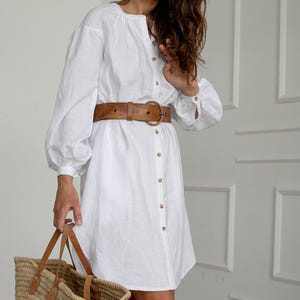 Linen Midi Shirt Dress by Solen Mara | Long Puff Sleeve Linen Dress | Dress With Pockets | Summer White Shirt Dresses For Women