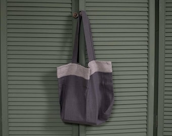 Gray Linen Tote Bag: Striped Reusable Shopping Bag