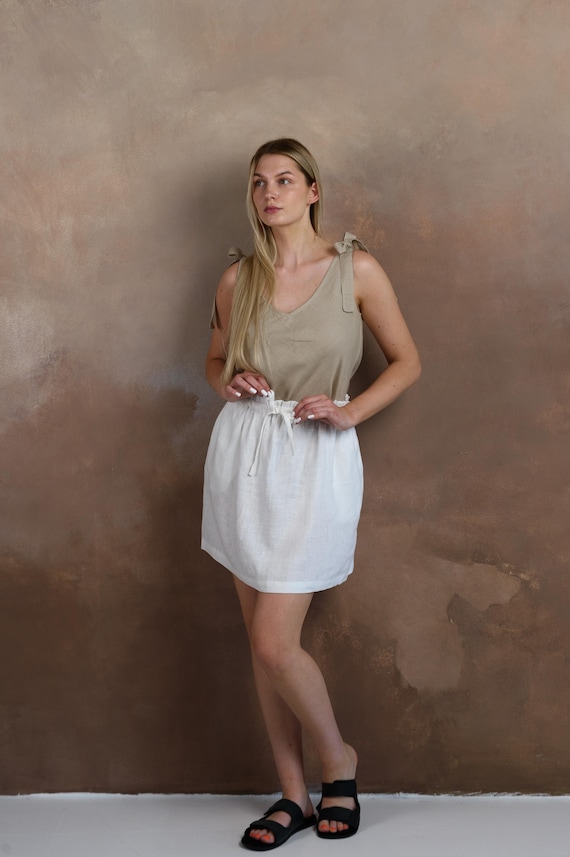 White Linen Skirt: Knee Length With Pockets Handmade European