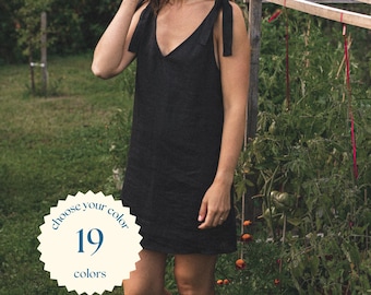 Black Linen Mini Dress: V-Neck Summer Dress by Solen Mara