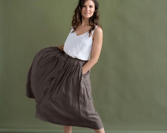Beige Linen Maxi Skirt: High Waist A-Line with Pockets