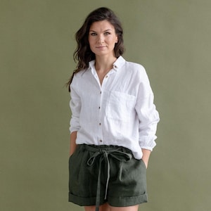Oversized Linen Shirt by Solen Mara | White Linen Blouse | Casual Front Buttons | Collared | Long Sleeve | Loose Button Up Shirt | For Women