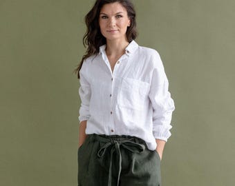 Oversized White Linen Shirt: Long Sleeve Button-Up Blouse