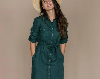 Teal Linen Safari Dress: Midi Shirtdress with Pockets