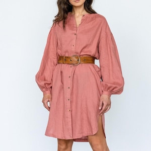 Linen Midi Shirt Dress by Solen Mara | Long Puff Sleeve Linen Dress | Dress With Pockets | Summer Shirt Dresses For Women, Button Front