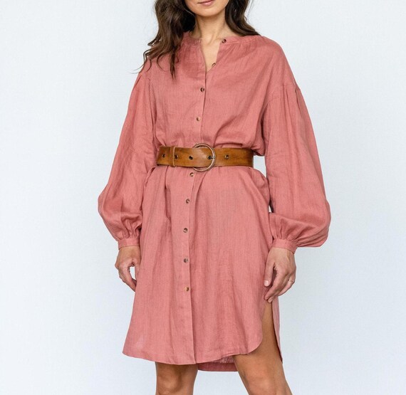 Linen Midi Shirt Dress by Solen Mara Long Puff Sleeve Linen