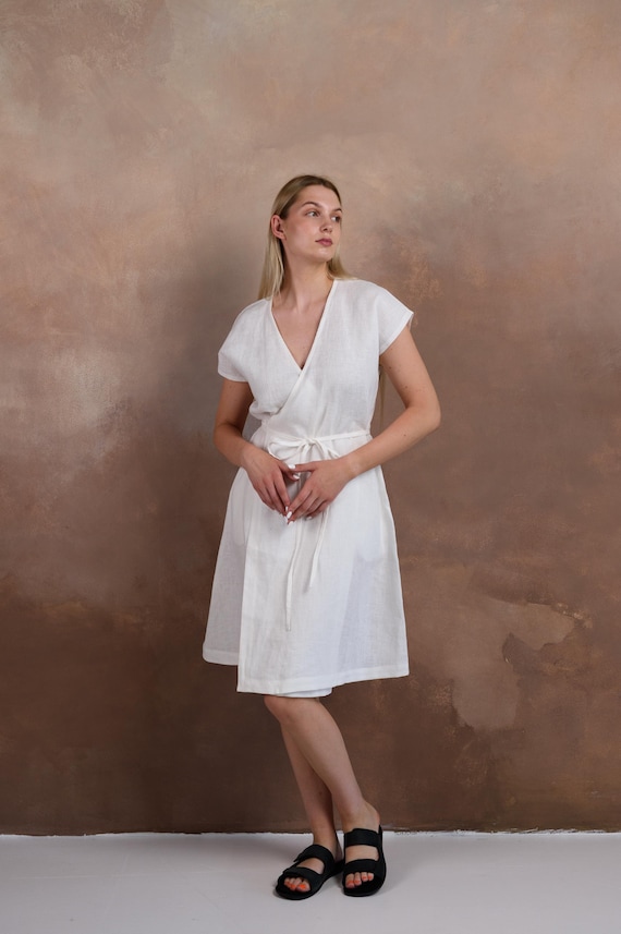 Beige Linen Wrap Dress: Midi Sundress with Pockets - Solen Mara Beige Linen Wrap Dress: Midi Sundress with Pockets - Solen Mara