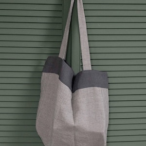 Linen Tote Bag in Stripes | Pure Linen Shoulder Bag | Reusable Linen Beach Bag | Large Linen Shopping Bag