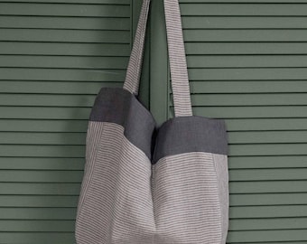 Striped Linen Tote Bag: Reusable Beach or Shopping Bag