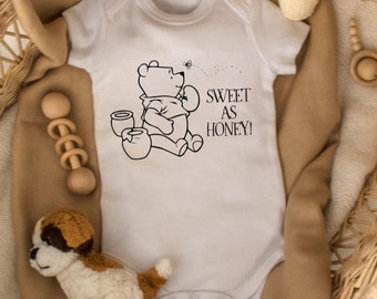 Winnie The Pooh Baby Bodysuit - Sweet As Honey, Newborn Baby Gift, Baby Reveal Romper, Pregnancy Announcement, Honey Lover's Bodysuit