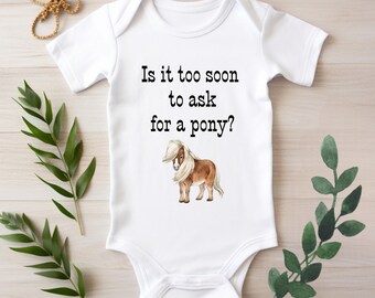 Western Romper, Cowboy Baby Bodysuit, Cowgirl Outfit, Too Soon to Ask For a Pony Bodysuit, Farm Animal Baby Gift, Pregnancy Announcement