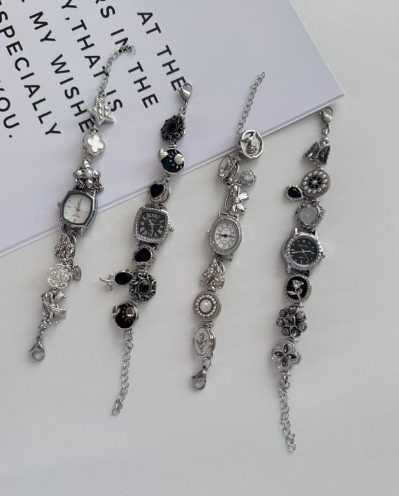 Silver Watch Bracelet,mixed Charms and Decorative Links 