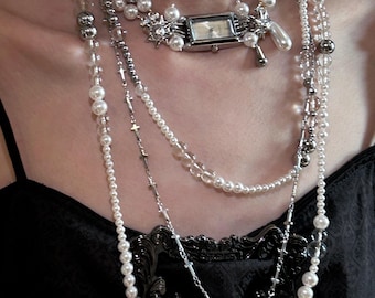Silver Watch Choker,Muti-Layered Pearls Necklace,Vintage Watch Face,Drop Charms Y2K Coquette Gothic Jewelry,Antique Necklace Gift for her