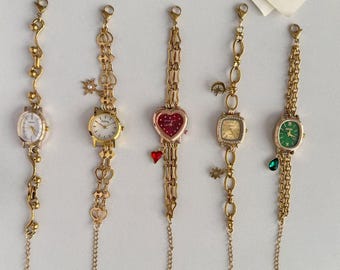 Vintage Uhr Armband für Frauen, Gold Ton Retro Armbanduhr Schmuck, Herz Quadrat Oval Uhr Charm Armband, Y2K Antique Style Geschenk