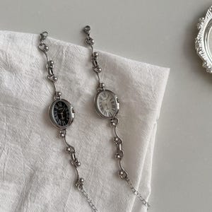 Silver Stainless Steel Watch Bracelet, Oval Roman Dial,Black or White Face,Punk Stainless Steel Watch,Everyday Stacking Jewelry,Gift for Her