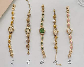 Pulsera de reloj de estilo vintage personalizada con eslabones de piedras preciosas, reloj de pulsera con esfera ovalada retro, joyería, reloj de pulsera pequeño, elegante reloj de regalo para ella