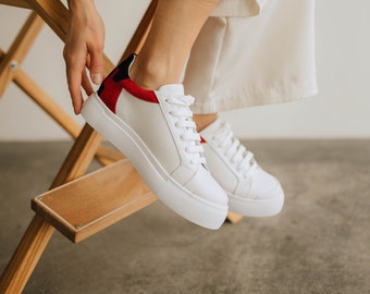 White genuine leather sneakers, women's sneakers, flat sneakers, summer sneakers. Women's leather sneakers, city shoes