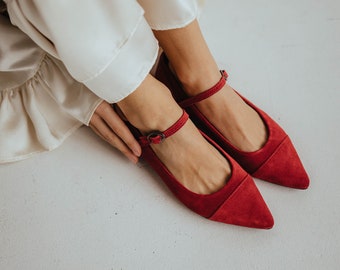 Pointed Toe Ballet Shoes, Pointed Toe Sandals, Red Suede Ballet Shoes, Flat Ballet Shoes, Strap Ballet Shoes, Red Ballerina Shoes,
