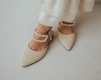 Pearl flats beige leather flats, Mary Jane leather shoes. Ladies leather muley comfortable ballet flats for the holiday Sandals without heel