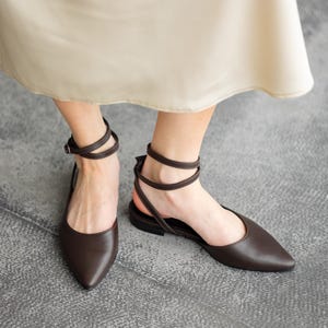 Brown Leather Slingback Ballet Flats, Pointed Toe Flats, Ankle Strap Shoes, Elegant Women's Flats, Handmade Leather Shoes