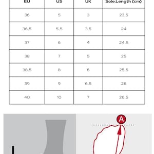 May include: A chart showing sandal sizes in European, US, and UK sizes, along with the corresponding insole length in centimeters. The chart is accompanied by two illustrations showing how to measure the insole length of a sandal.