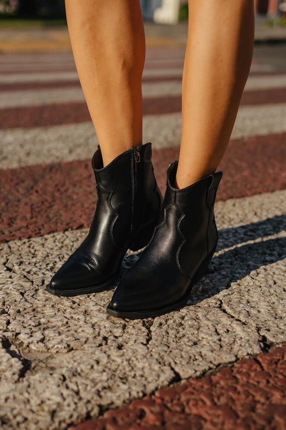 Black Cowboy Boots Short Black Leather Shoes Cowboy Boots With a Heel Etsy