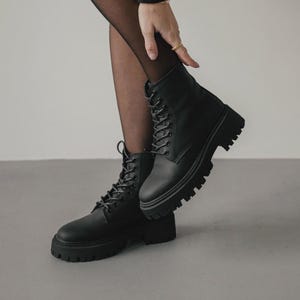 Black matte leather lace-up boots, lightweight sole, fleece or sheepskin lining, handmade genuine leather shoes