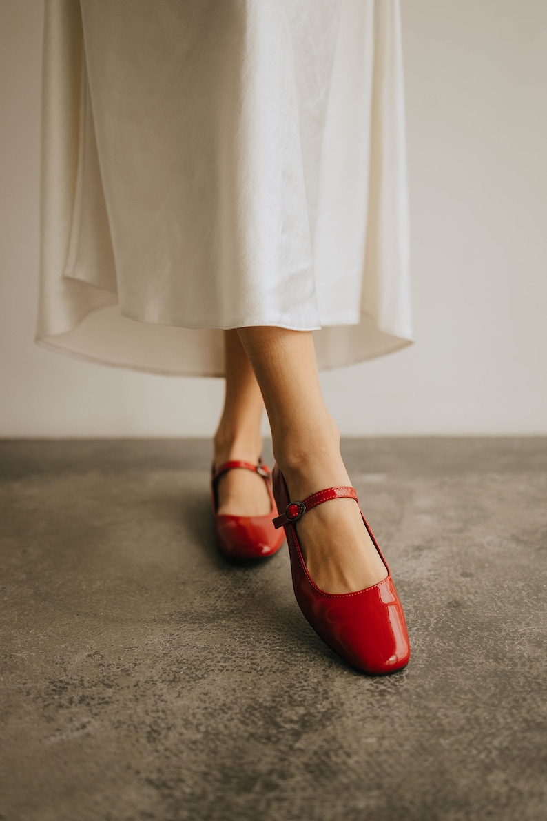 Red Ballet Flats With Strap, Flat-soled Boat Shoes, Mary Jane Shoes in ...