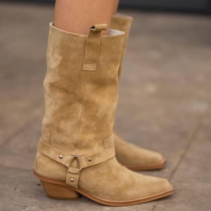 Handmade western suede boots in beige color for women