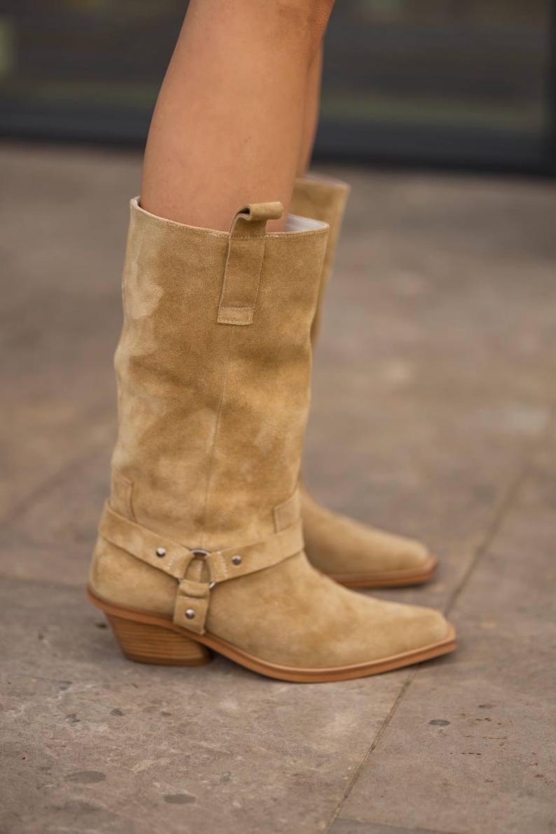 Handmade western suede boots in beige color for women