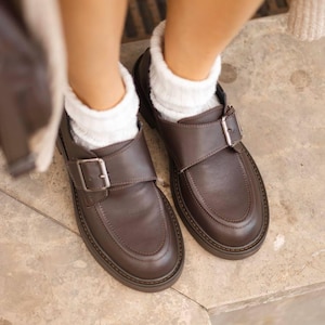 Brown leather loafers for women with flat sole and low heel