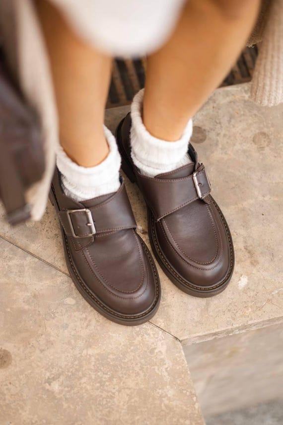 Brown leather loafers women classic flat shoes with low heel handmade slip on leather lining elegant casual shoes