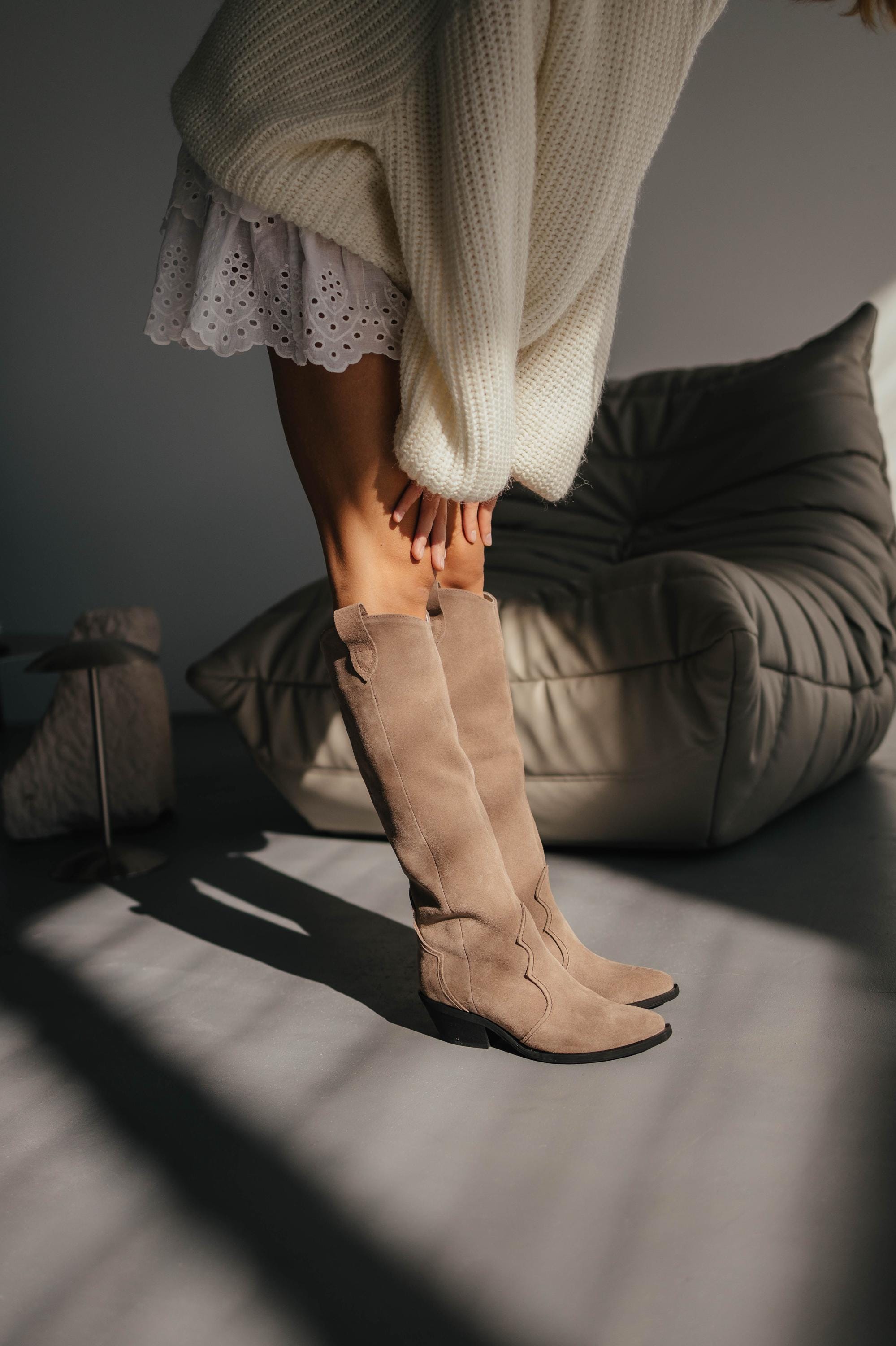 Bottes mi-mollet en cuir pour femme, style western, bottes de