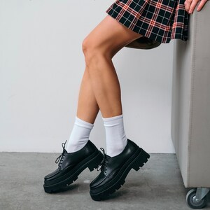 Black Leather Chunky Loafers, Square Toe Platform Loafers, Women's Black Leather Shoes image 2