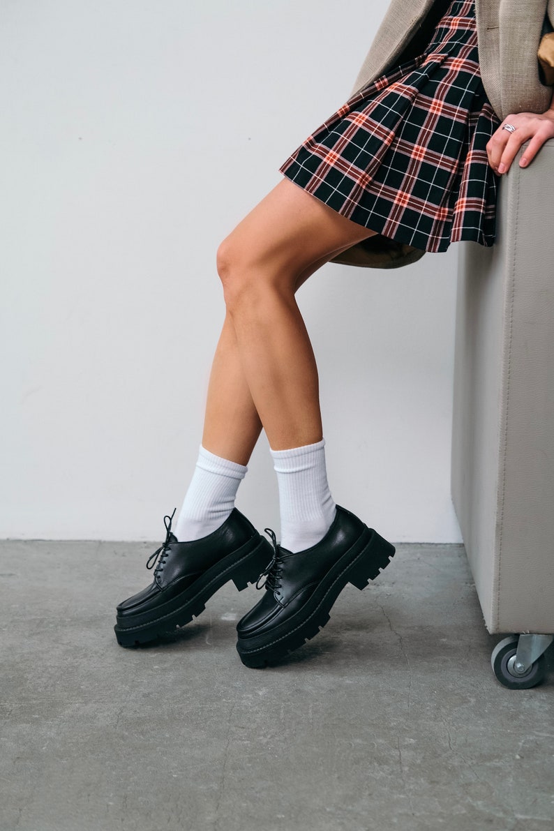 Black Leather Chunky Loafers, Square Toe Platform Loafers, Women's Black Leather Shoes image 2