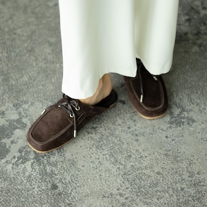 Women’s Suede Backless Loafers | Summer Suede Mules with Decorative Lacing | Comfortable Everyday Slip-On Clogs, brown clogs