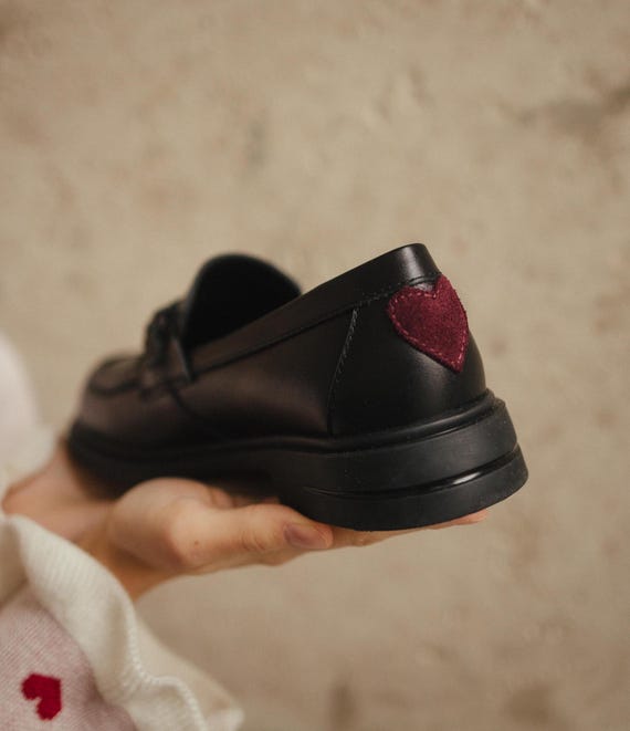 Black Leather Loafers for Women – Classic Handmade Shoes with Red Suede Heart Detail, Comfortable Everyday Flats
