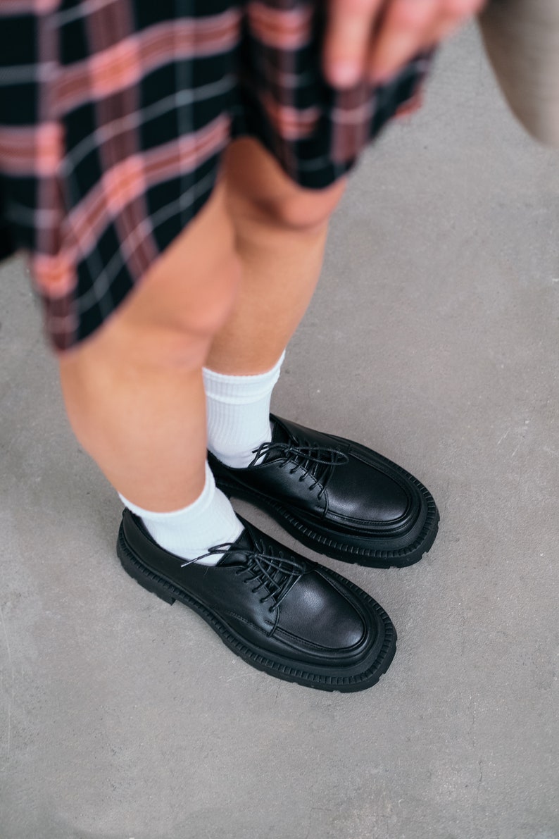 Black Leather Chunky Loafers, Square Toe Platform Loafers, Women's Black Leather Shoes image 4