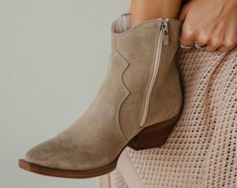 Beige Suede Cowboy Ankle Boots Women – Handmade Western Boots with Elastic Side, Comfortable Everyday Fit
