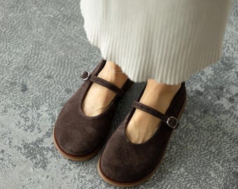 Women’s Brown Suede Flats with Buckle Strap | Wide Toe Summer Shoes | Handmade Spring Flats | Comfortable Suede Walking Shoes