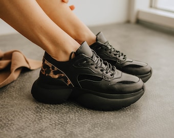 Black genuine leather sneakers, women's sneakers, chunky sole sneakers, summer sneakers. Women's leather sneakers, city shoes