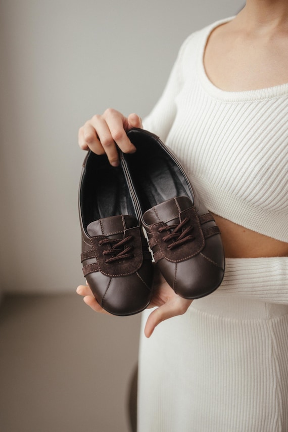 Handmade Brown Leather Ballet Flats, Suede Sporty Moccasins, Wide Toe Comfort Shoes, Women's Casual Footwear