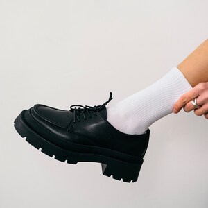 Black Leather Chunky Loafers, Square Toe Platform Loafers, Women's Black Leather Shoes image 3