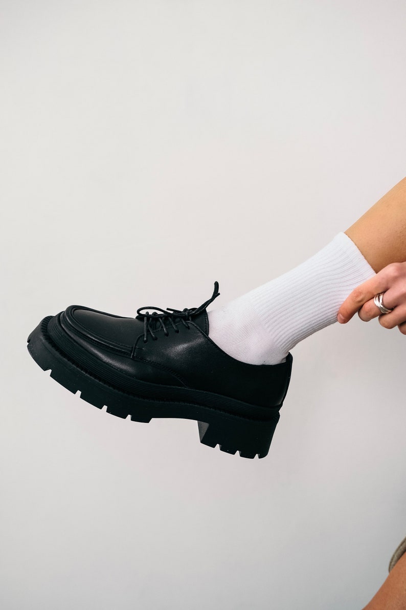 Black Leather Chunky Loafers, Square Toe Platform Loafers, Women's Black Leather Shoes image 3